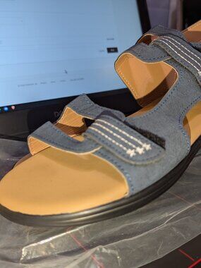 Unisex Velcro open toe Blue denim color size Men-9.5, women 11